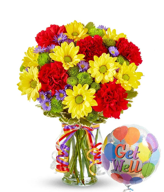 Festive Floral Garden with Get Well Soon Balloon