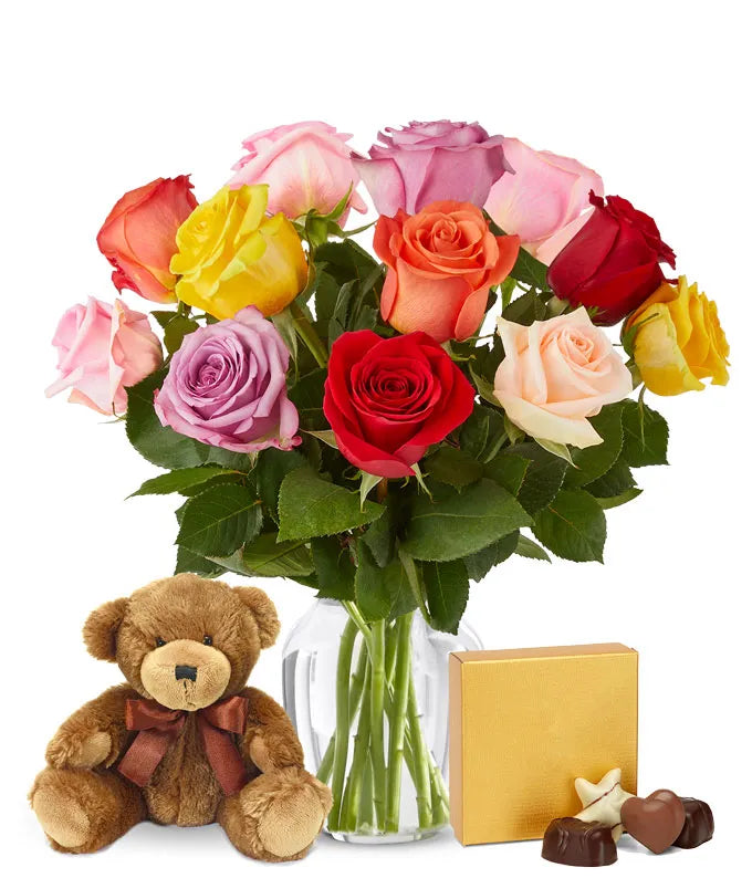 Rainbow Roses, Chocolates & Bear Bundle - Same-Day Delivery Palm Beach Gardens, FL