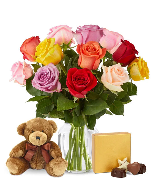 Rainbow Roses, Chocolates & Bear Bundle - Same-Day Delivery Palm Beach Gardens, FL